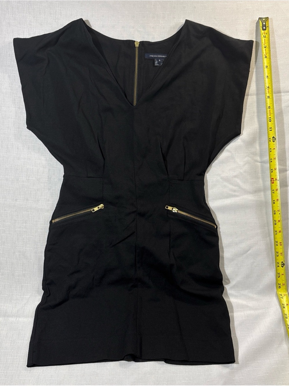 French Connection black mini dress Gold Zipper Pockets Size 6